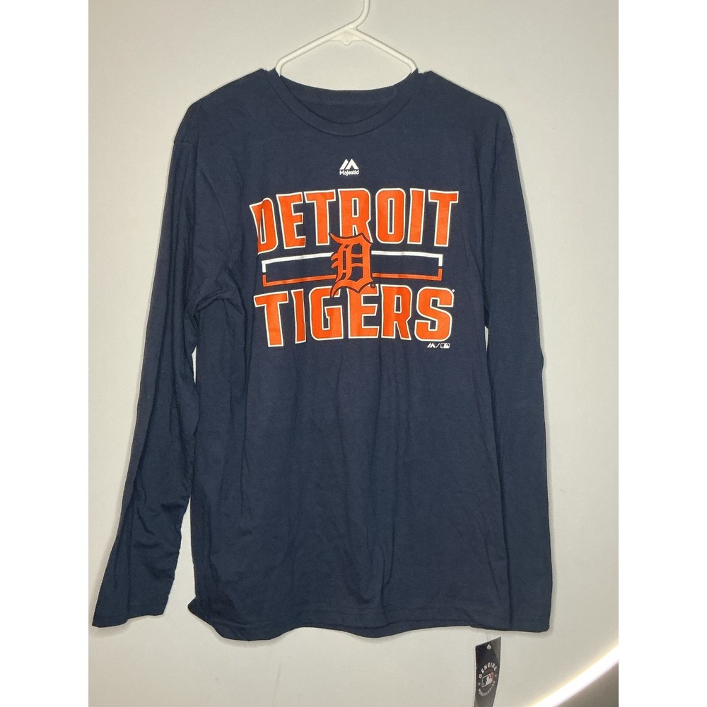 Majestic Detroit Tigers Long Sleeve Shirt Mens Medium Navy Blue MLB Cotton Tee
